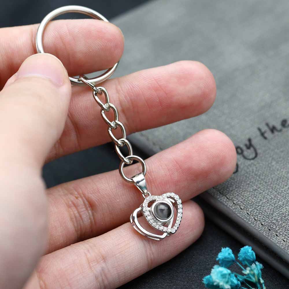 Custom Photo Projection Keychain - Silver Linked Hearts Pendant with Picture Text Inside for Memory Gifts