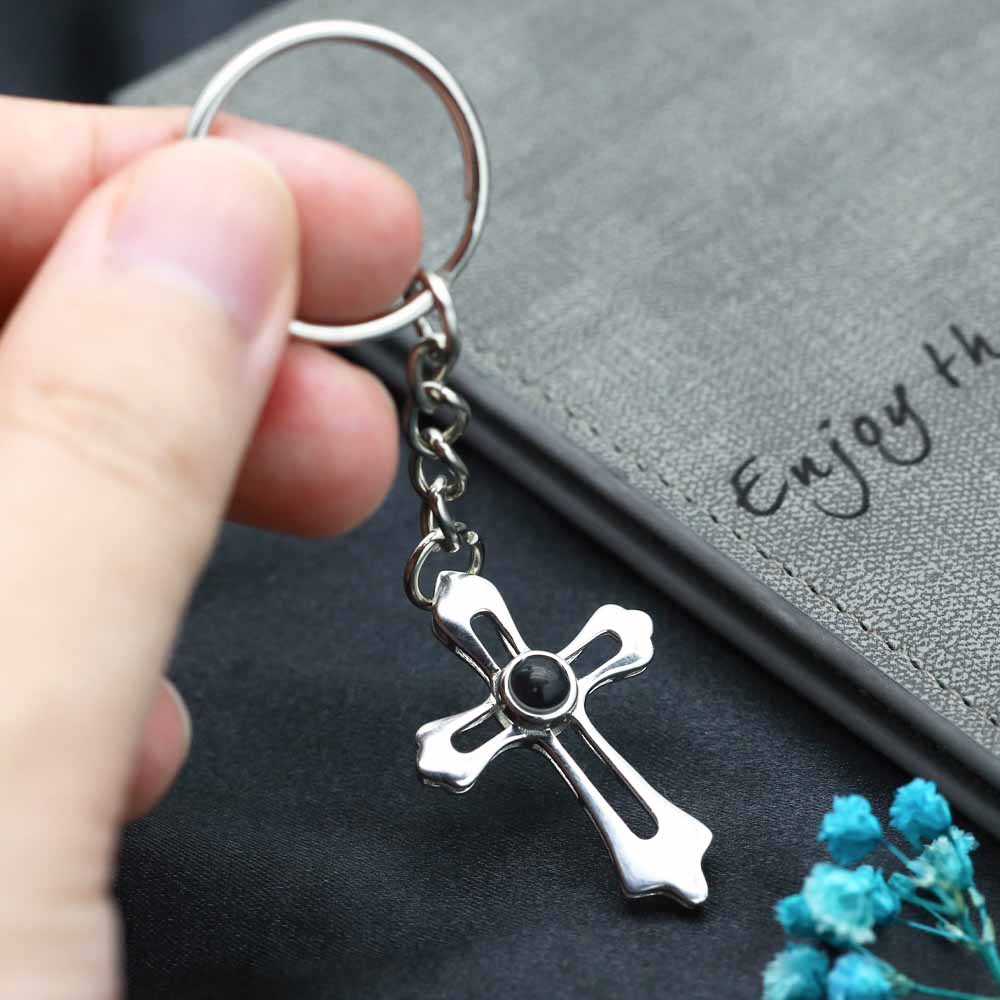 Personalized Photo Projection Keychain - Silver Hollow Cross Pendant with Picture Text Inside for Memory Gifts