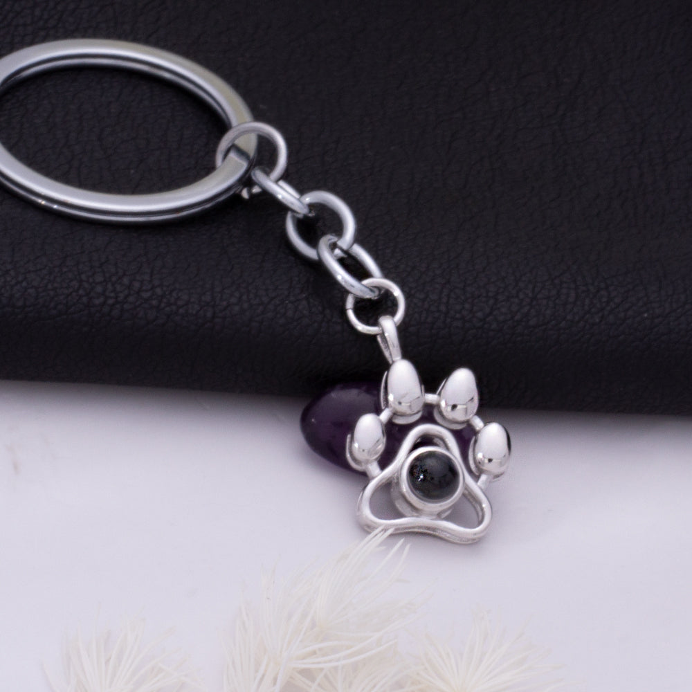 Custom Photo Projection Keychain - Silver Paw Pendant with Picture Letter Inside Pet Jewelry for Memory Gifts