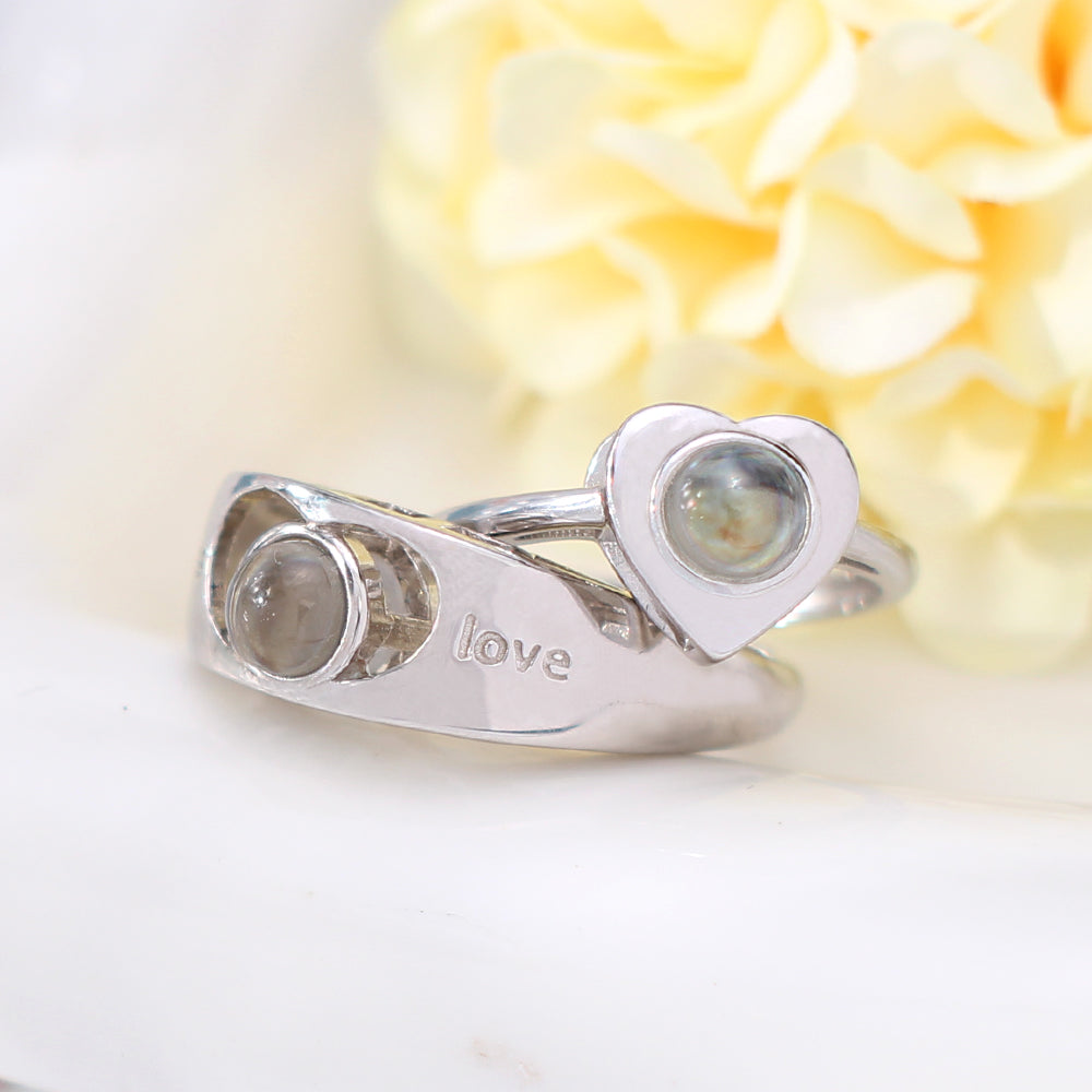 Personalized Photo Projection Couple Rings - 925 silver Heart with Picture and Letter Inside,Anniversary Gift for Couple