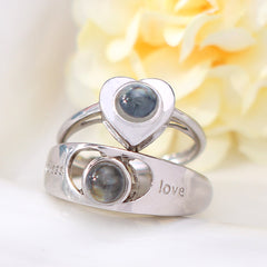 Personalized Photo Projection Couple Rings - 925 silver Heart with Picture and Letter Inside,Anniversary Gift for Couple