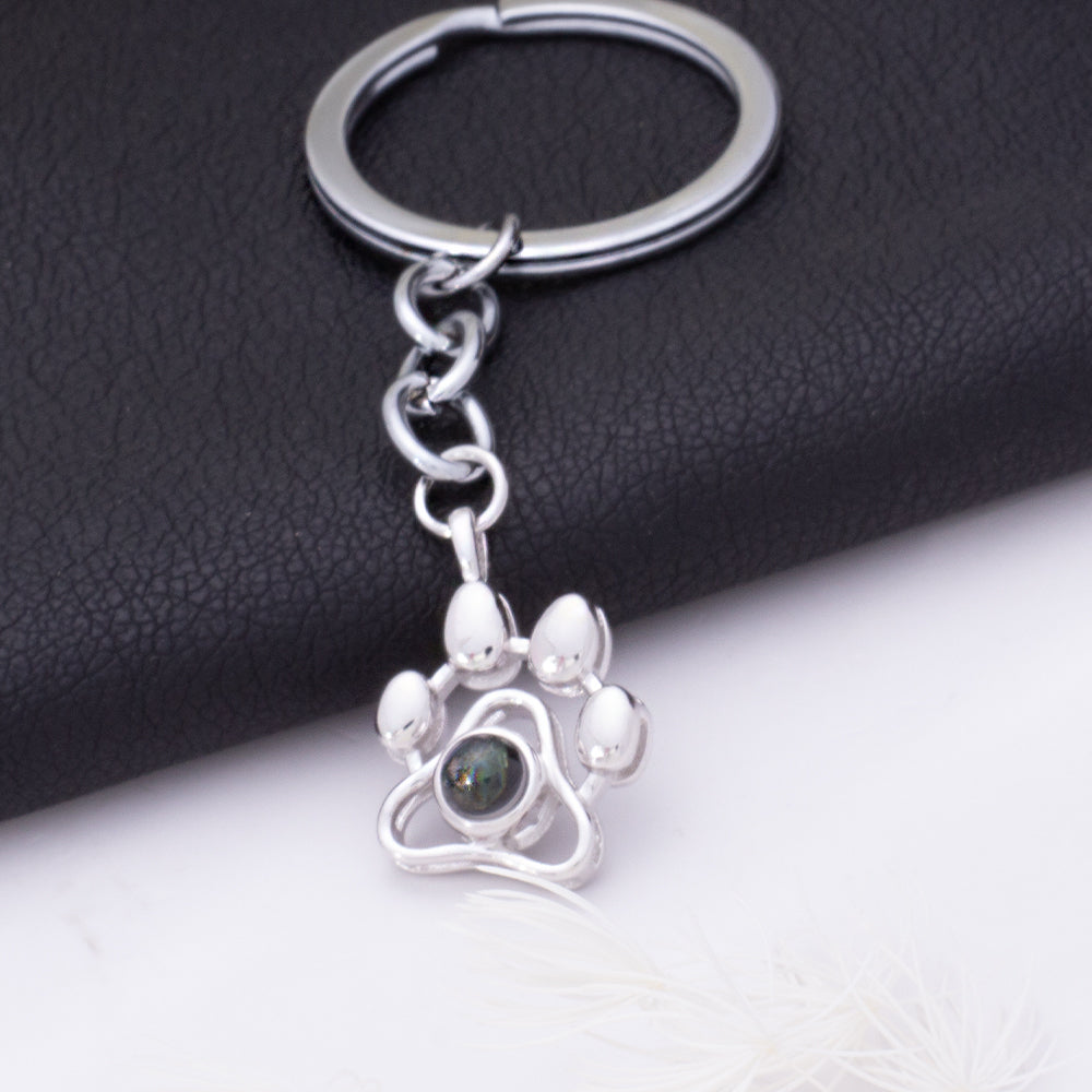 Custom Photo Projection Keychain - Silver Paw Pendant with Picture Letter Inside Pet Jewelry for Memory Gifts