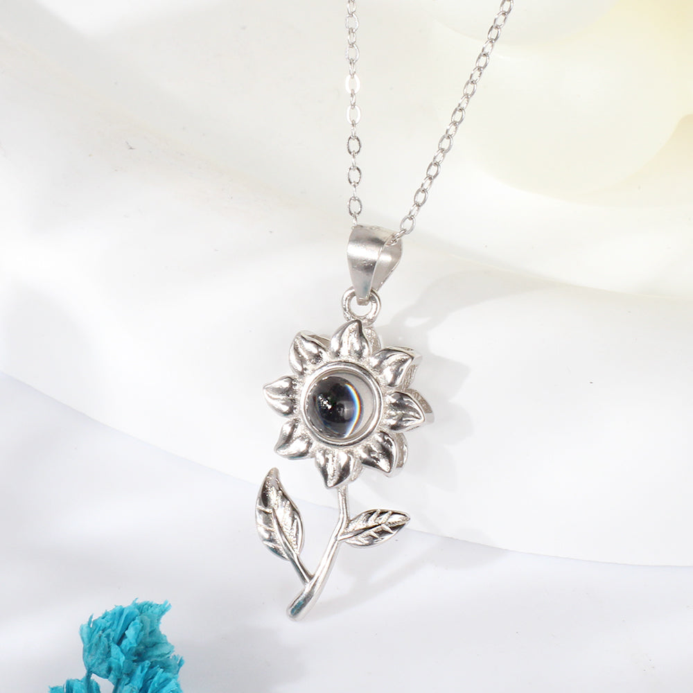 925 silver Personalized nano-engraved memory necklace - Golden sunflower pendant with photo inside,A gift for ladies.