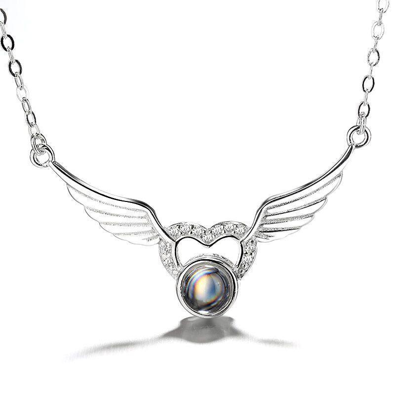 Custom 925 Silver Projection Necklace with Photo Word Inside -  Angel Wings Pendant, Memory Gift for Women