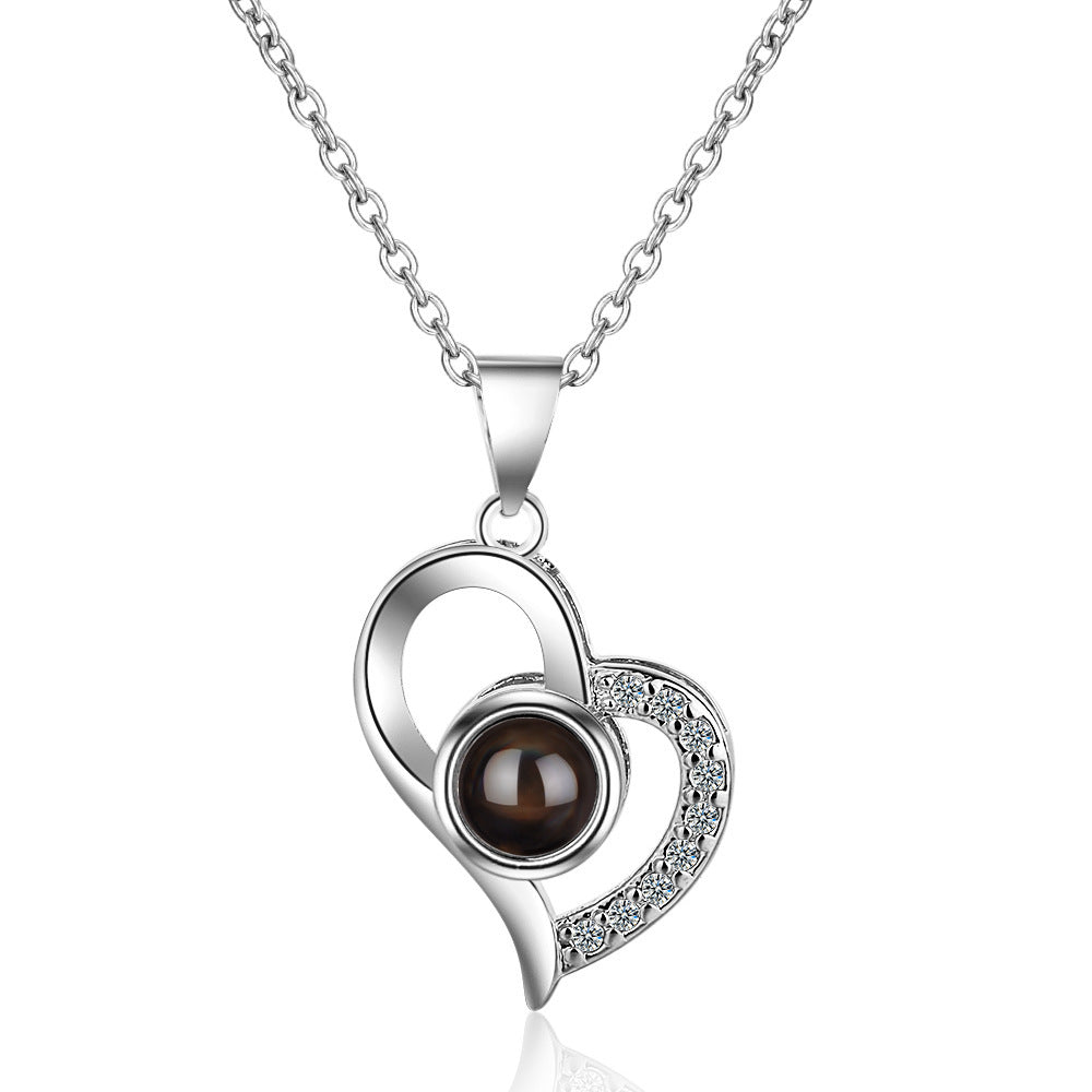 925 Sterling Silver Custom Heart Shape Necklace with Picture - Edgy Style Heart and Letter B Fusion Pendant with Zircon