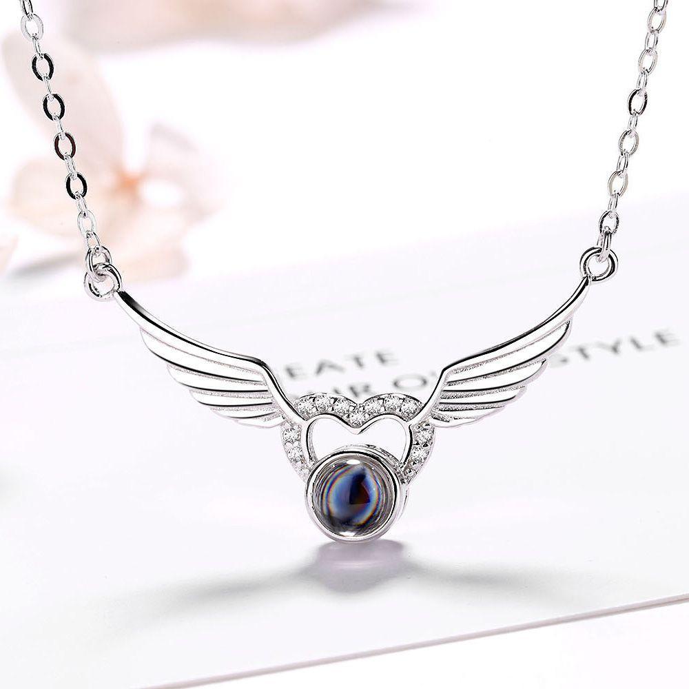 Custom 925 Silver Projection Necklace with Photo Word Inside -  Angel Wings Pendant, Memory Gift for Women