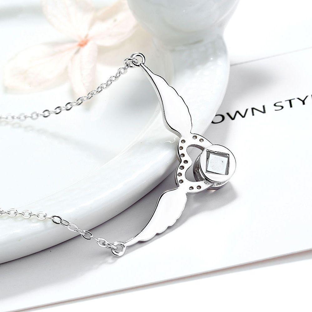 Custom 925 Silver Projection Necklace with Photo Word Inside -  Angel Wings Pendant, Memory Gift for Women