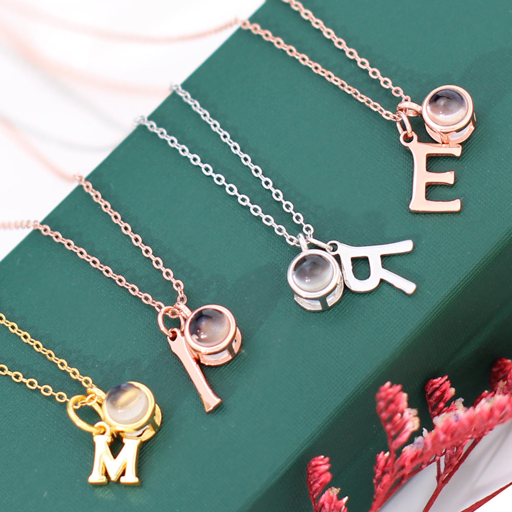 925 Silver Personalized Photo Necklace with Letter - Simple Round Projection and Silver Letter Pendants, Perfect Gift for Her