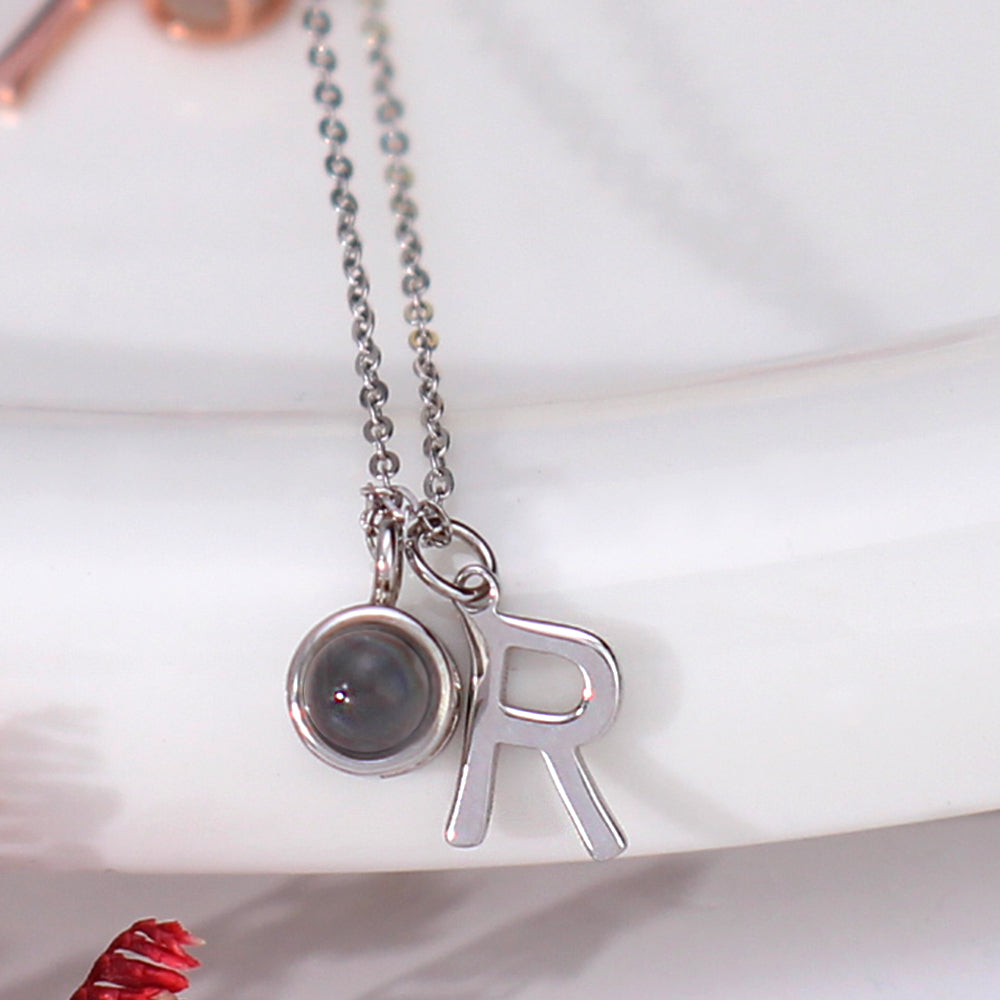 925 Silver Personalized Photo Necklace with Letter - Simple Round Projection and Silver Letter Pendants, Perfect Gift for Her