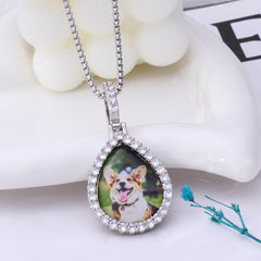 Personalized Photo Necklace - Teardrop Pendant with Zircon Border, Custom Picture Medallion, Perfect Gift for Him and Her