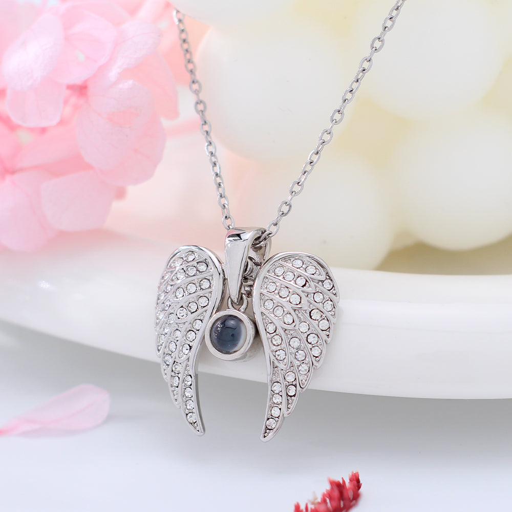 Personalized custom photo necklace - Heart-shaped wing pendant with a photo inside the stone, which can be unfolded