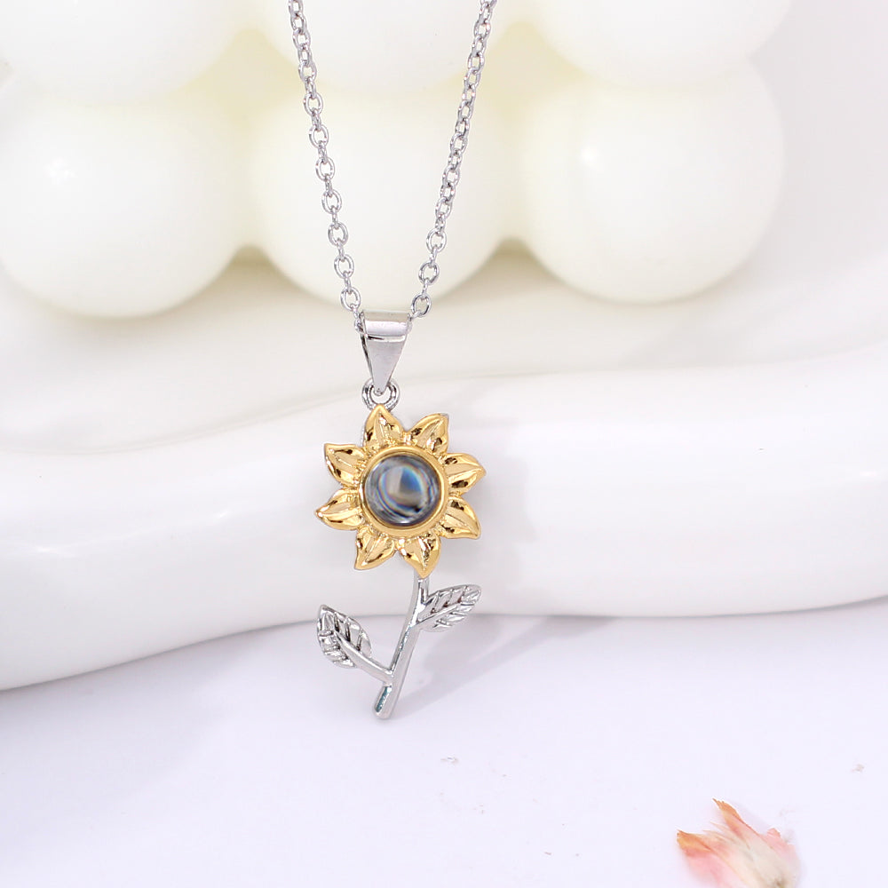 925 silver Personalized nano-engraved memory necklace - Golden sunflower pendant with photo inside,A gift for ladies.