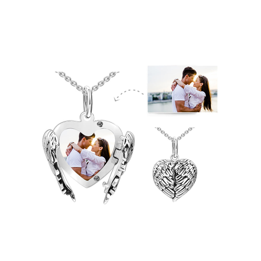 925 Silver Personalized Locket Necklace with Photo - Openable Angel Wing Pendant, Custom Picture Inside, Perfect Christmas Gift for Girlfriend, Wife, or Mother