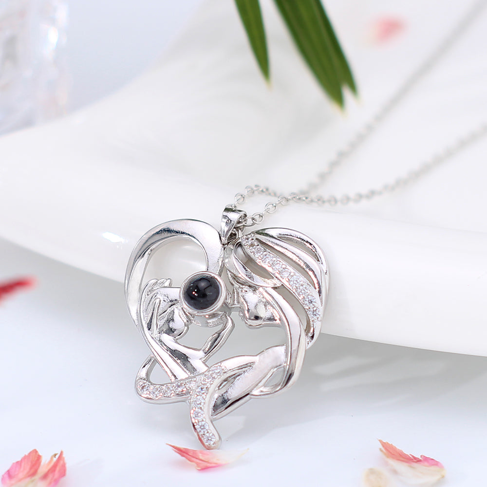 925 Silver Personalised Projection Necklace with Photo and Text Inside - Baby in Mother's Arms Heart Pendant,Custom Gift for Mom