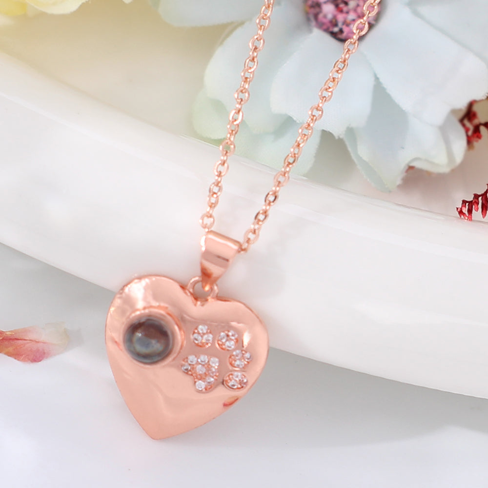 Personalized photo pendant with picture inside the stone - Heart necklace with zircon dog paws, gifts for ladies