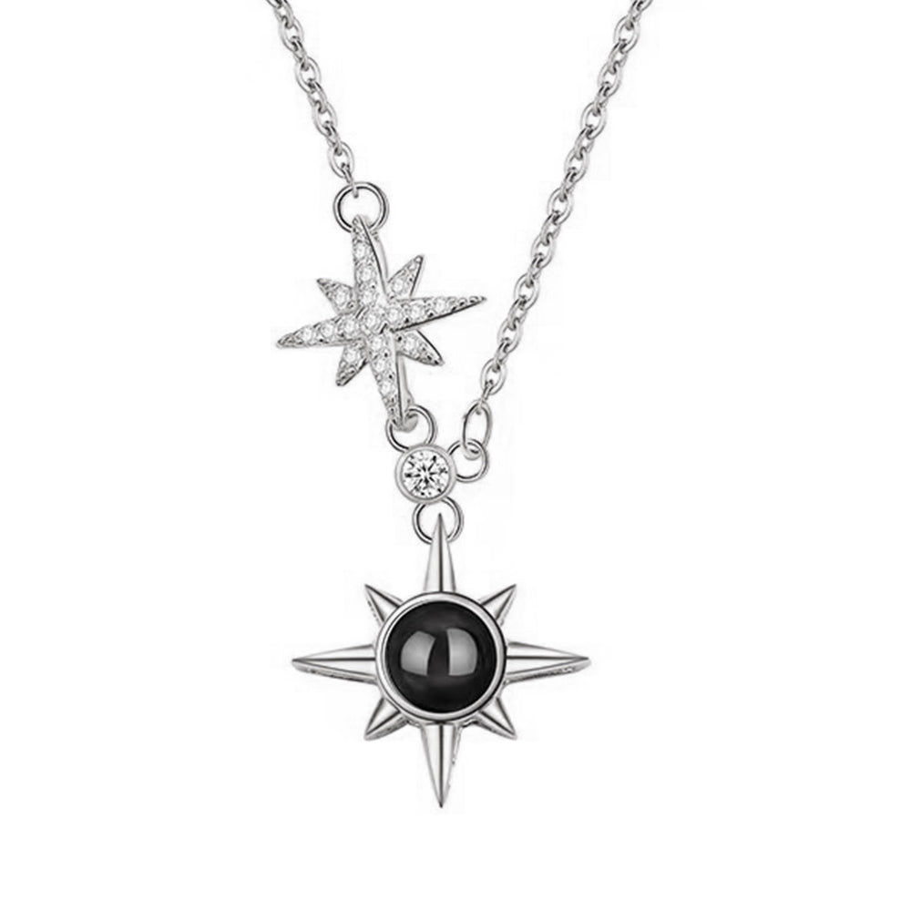 Custom Silver Couple Necklaces with Photo & Words Inside - Eight-Pointed Star Compass Pendant, Anniversary Gift for Lover BFF