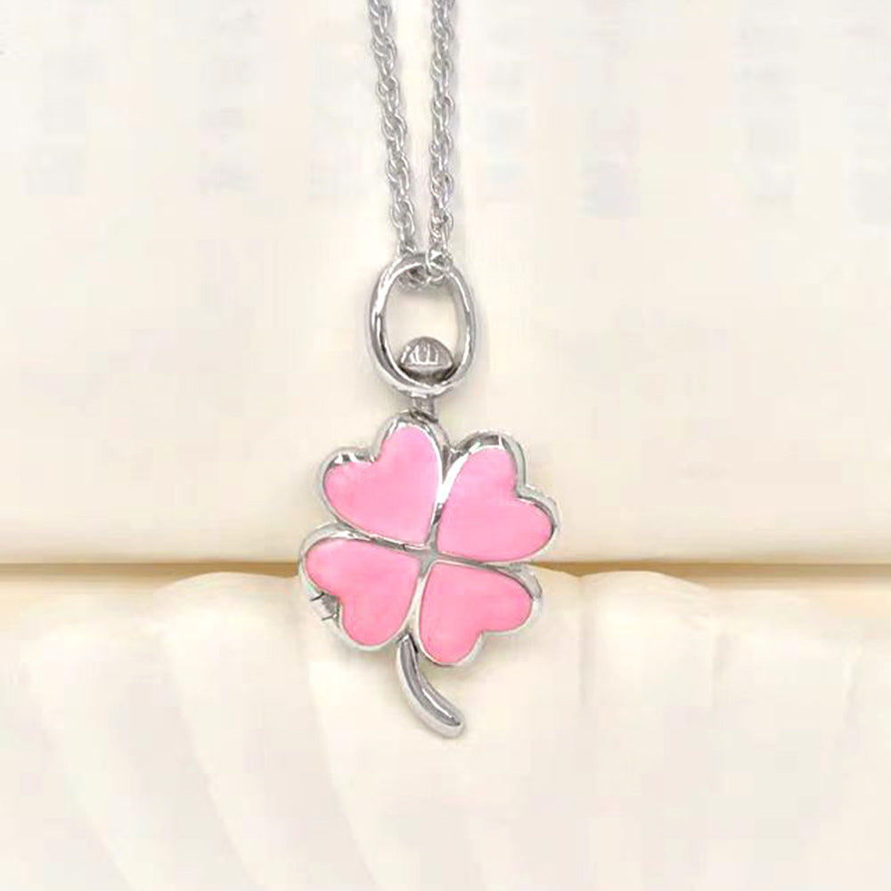 925 Sterling Silver Pink Enamel Four-Leaf Clover Photo Locket Necklace - Holds 2 Photos & Text,Elegant Gift for Her