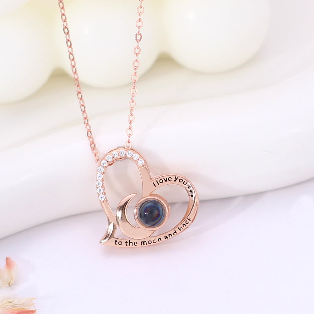 personalized sterling silver Projection Necklace with picture Word Inside - Moon Heart Pendant, Memory Gift for Women