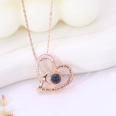 personalized sterling silver Projection Necklace with picture Word Inside - Moon Heart Pendant, Memory Gift for Women