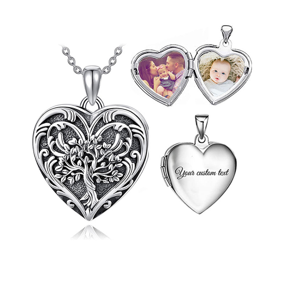 925 Silver Personalized Locket Necklace with Photo - Openable Heart Pendant with Tree of Life Design, Holds Two Photos, Custom Engraving on Back, Perfect Holiday Gift for Girlfriend, Wife, or Mother