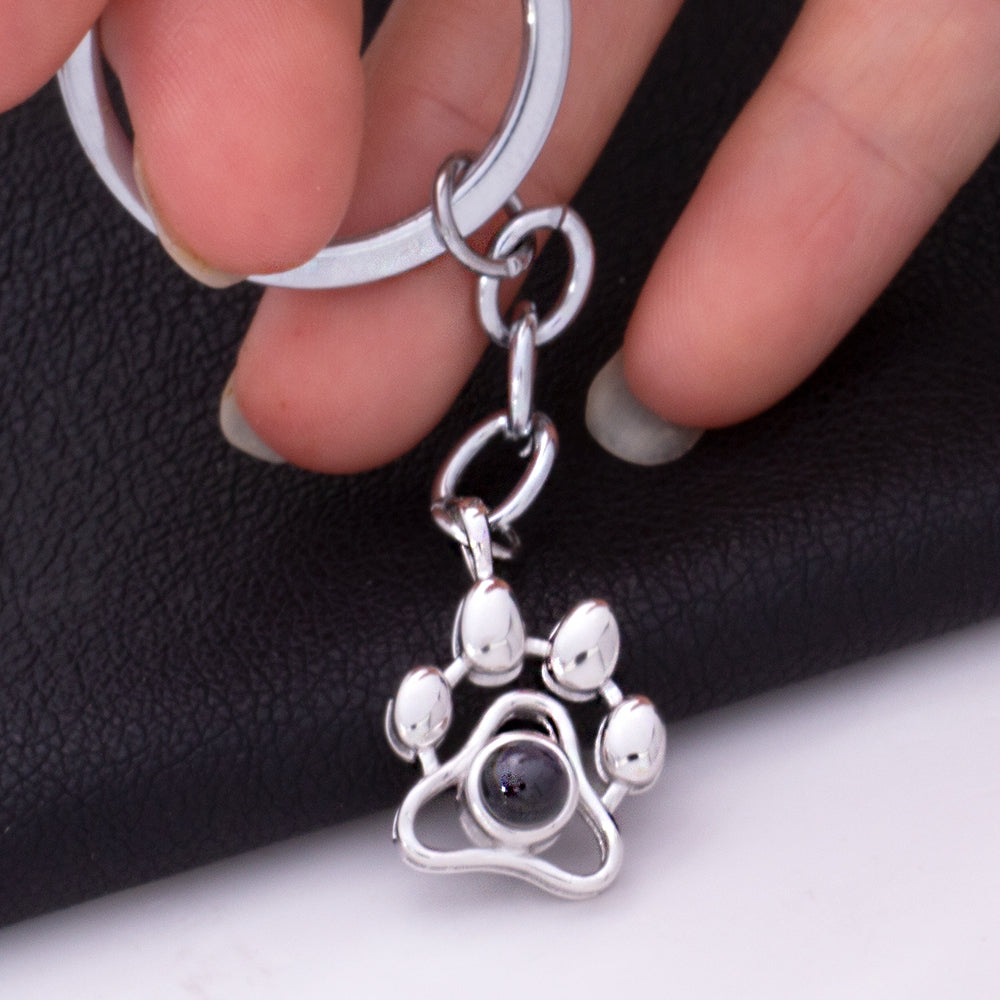 Custom Photo Projection Keychain - Silver Paw Pendant with Picture Letter Inside Pet Jewelry for Memory Gifts