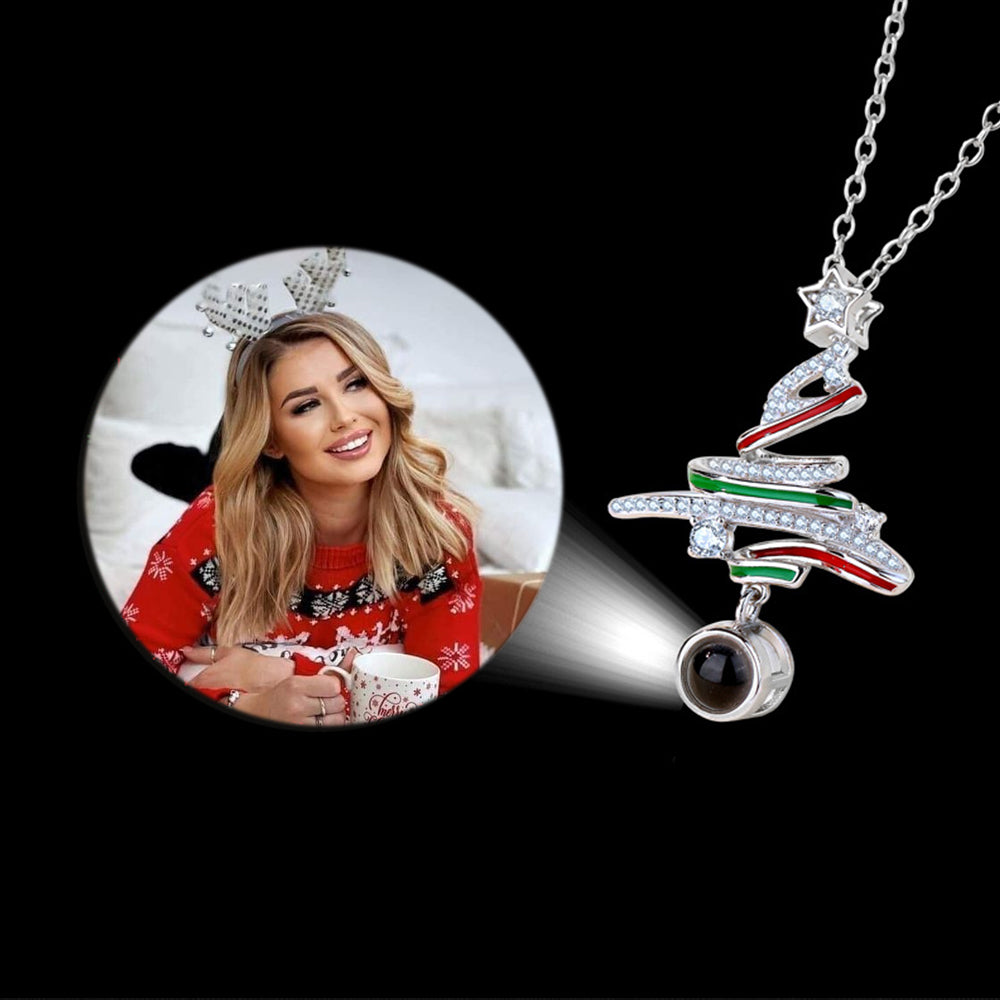 Custom Photo Necklace with Picture and Text Inside - Red Green Ribbon Star Christmas Tree, Personalized Gifts for Women