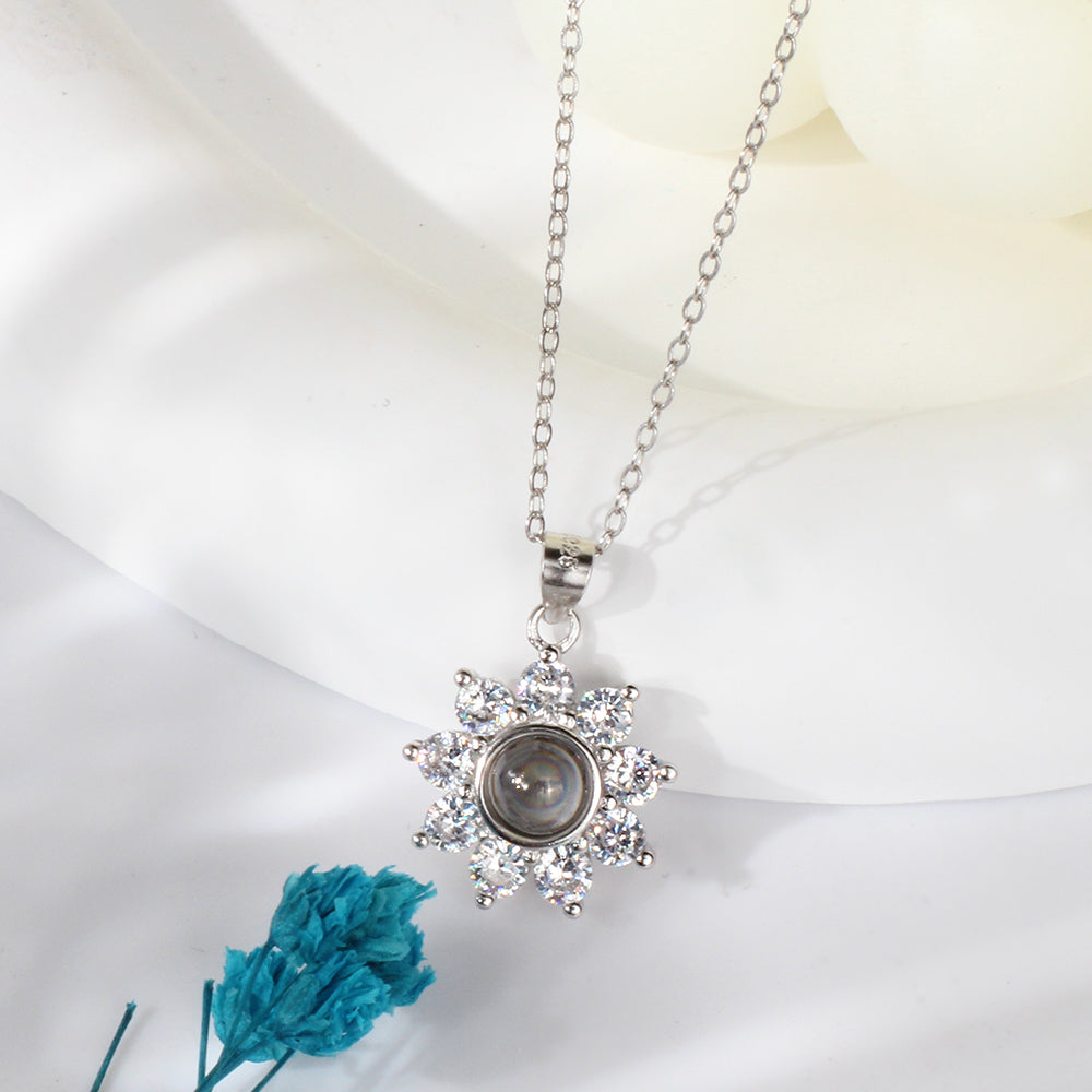 Sterling silver Personalized custom photo necklace - Pendant of zircon sunflower, a gift for her