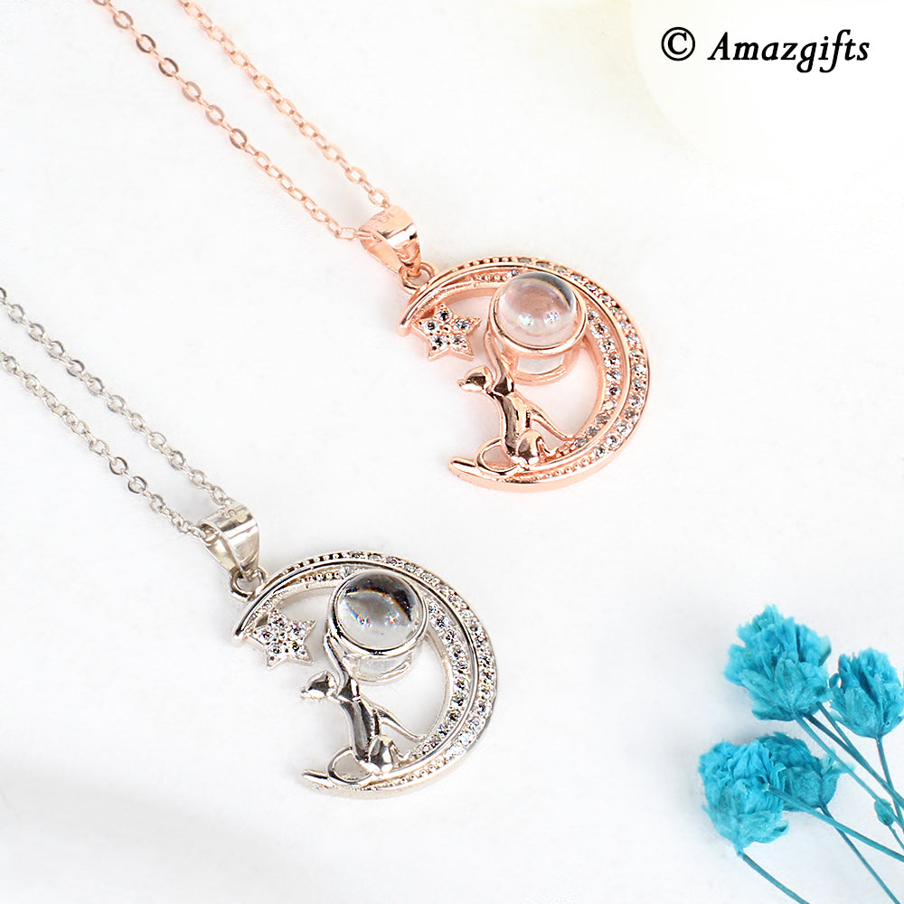 925 Silver Personalized Photo Projection Necklace for Women - Elegant Cats in Moon & Stars Pendant, a Gift for Cat Lovers