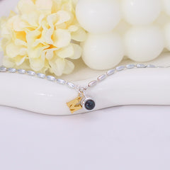 Silver Bead Bracelet with Picture Projection  – Letter and Round Pendant for Her