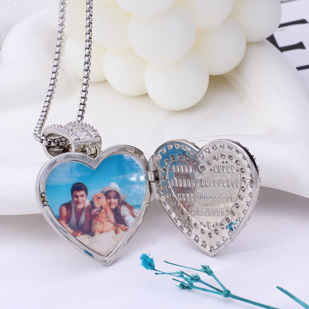 Personalized Heart Locker Necklace with Picture and Zircon - Heart Pendant with Photo, A Gift for Her