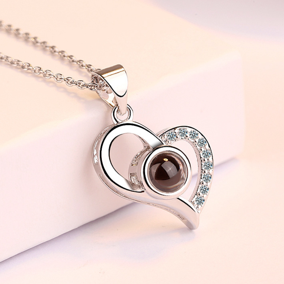 925 Sterling Silver Custom Heart Shape Necklace with Picture - Edgy Style Heart and Letter B Fusion Pendant with Zircon