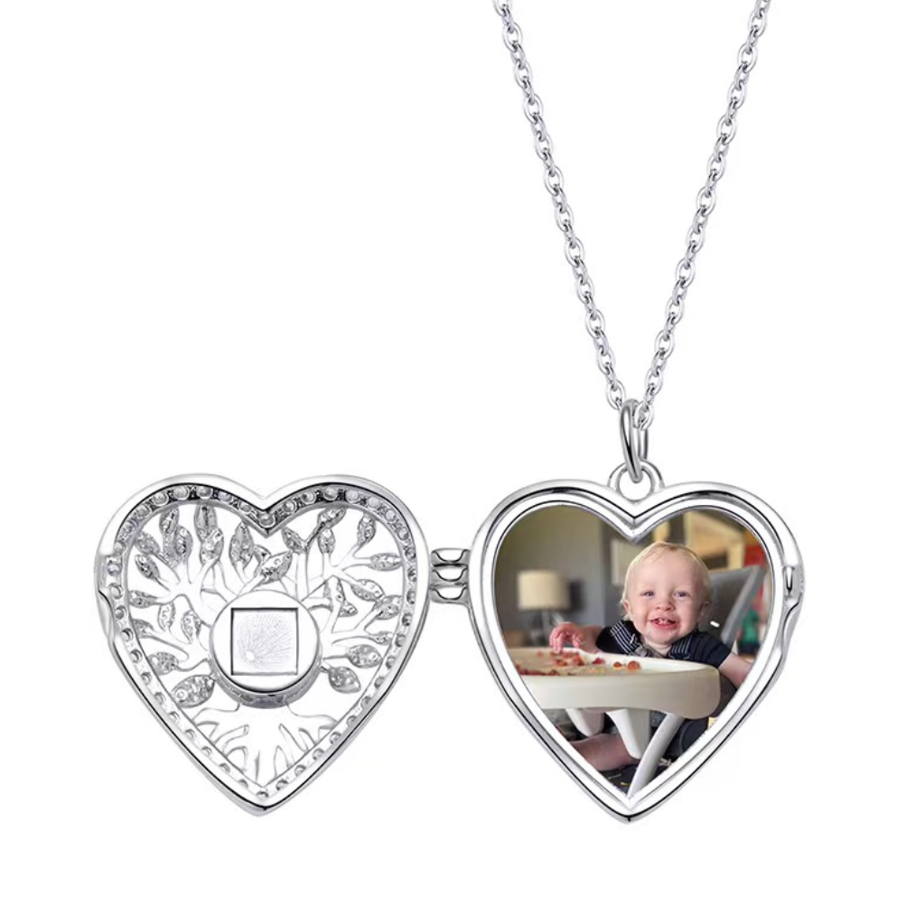 Sterling silver custom photo necklace with a photo inside the stone - Pendant of foldable heart-shaped pendant with Tree of Life.