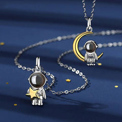 Custom Silver Couple Necklaces with Photo & Word Inside - Astronaut Moon Stars, Personalized Gift for Lover or BFF