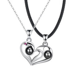 925 Silver Personalized Photo Projection Necklace with Picture Inside - Magnetic Heart Couple Necklace [Bonus Black Chain]