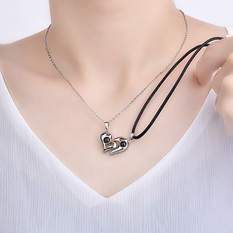 925 Silver Personalized Photo Projection Necklace with Picture Inside - Magnetic Heart Couple Necklace [Bonus Black Chain]