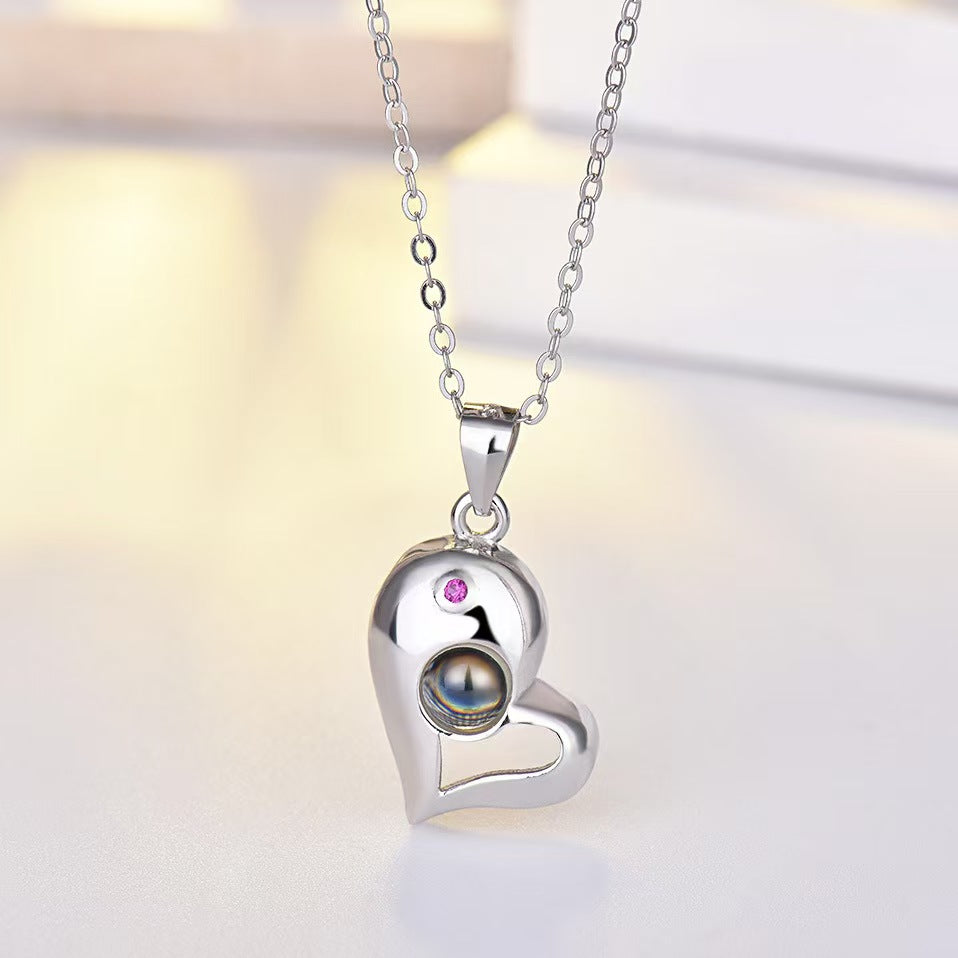 925 Silver Personalized Photo Projection Necklace with Picture Inside - Magnetic Heart Couple Necklace [Bonus Black Chain]