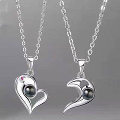 925 Silver Personalized Photo Projection Necklace with Picture Inside - Magnetic Heart Couple Necklace [Bonus Black Chain]