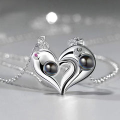 925 Silver Personalized Photo Projection Necklace with Picture Inside - Magnetic Heart Couple Necklace [Bonus Black Chain]