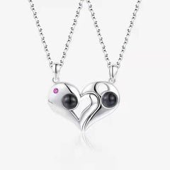 925 Silver Personalized Photo Projection Necklace with Picture Inside - Magnetic Heart Couple Necklace [Bonus Black Chain]