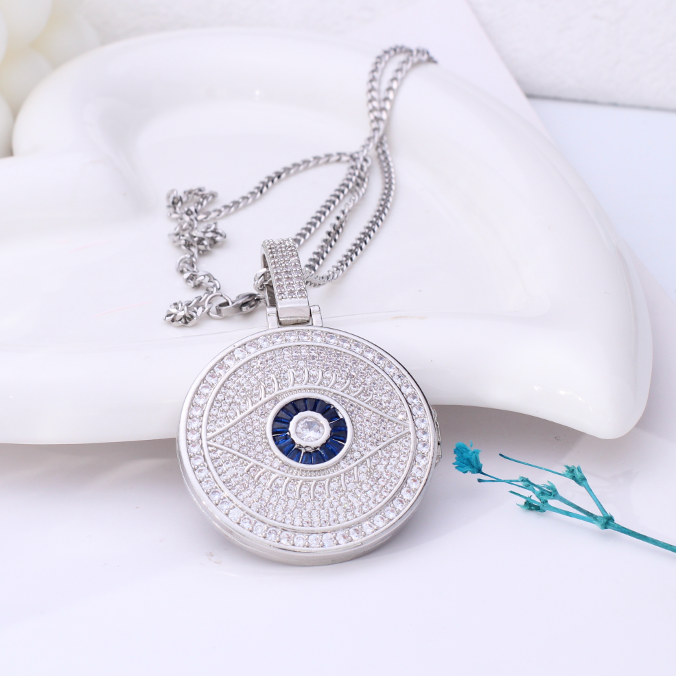 Personalized Locker Necklace with Photo - Hip-Hop Style Round Pendant with Zircon, Engravable Back