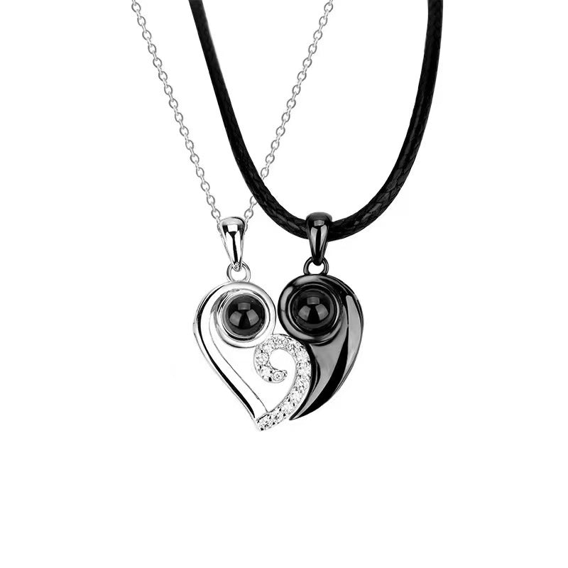 925 Silver Custom Photo Necklace - Black White Magnetic Heart Pendant, Personalized Gift for Couples or BFF