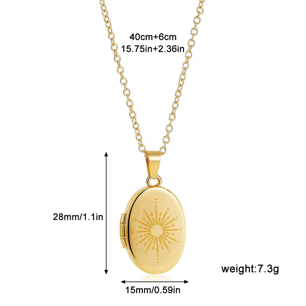 Gold Plated Oval Photo Locket Necklace Custom Photos & Text, Sun Moon Evil Eye,Memory Gifts for Her