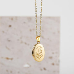 Gold Plated Oval Photo Locket Necklace Custom Photos & Text, Sun Moon Evil Eye,Memory Gifts for Her