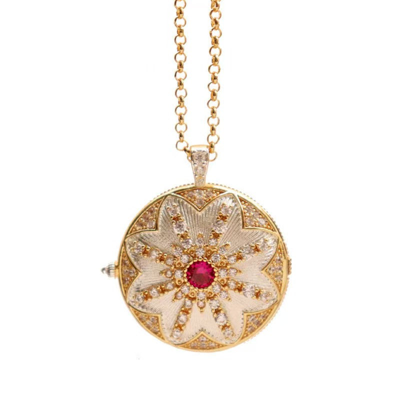 18K Gold Plated Round Photo Locket Necklace - Vintage Sunflower with Zircon, Holds 2 Photos,Elegant Gift for Her