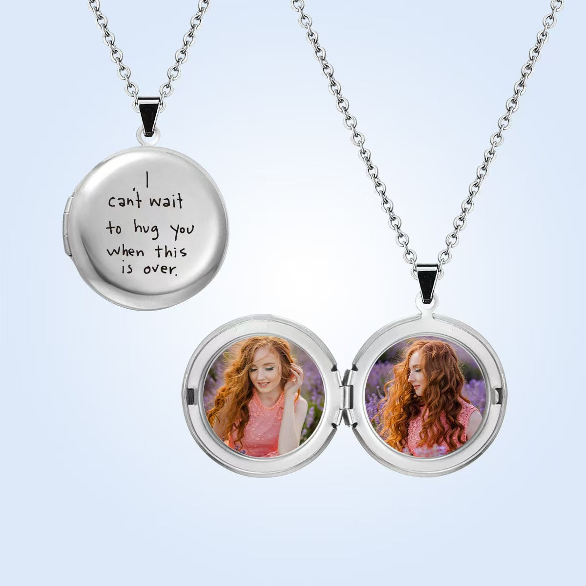 Simple Round Photo Locket Necklace - Custom 2 Photos & Engraving, Polished Finish,Unisex Memory Gift