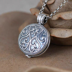 925 Silver Round Photo Locket Necklace with 3D Floral Pattern - Custom Photos & Chain Style Options - Memory Jewelry Gift