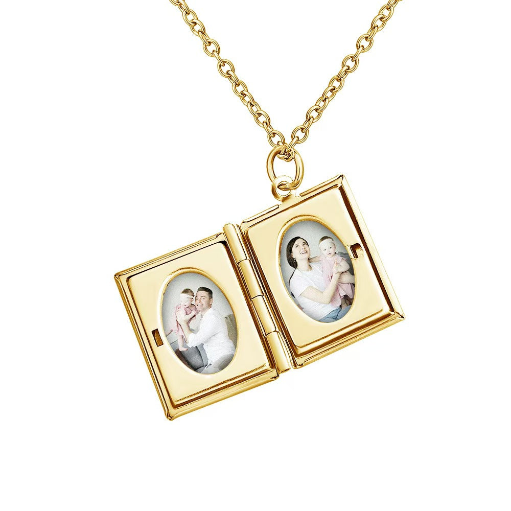 Square Book Locket Necklace – Custom 2 Photos & Text, Secure Closure, Choose Chain Length, Personalized Memory Gift