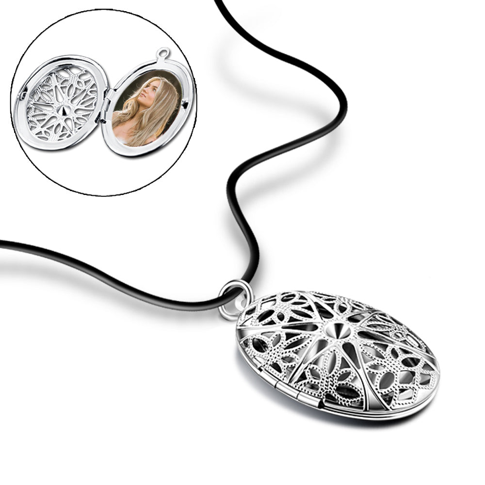 High-Quality Platinum-Plated Oval Photo Locket Necklace - Hollow Vintage Celtic Star Flowers Design, Custom Photo & Text, Memory Gifts for Men Women