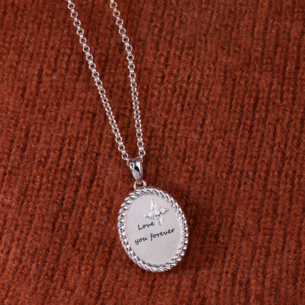 925 Sterling Silver Oval Locket Necklace with Braided Edge & Zircon Star – Custom 2 Photos & Engraved Text, Personalized Gift for Her