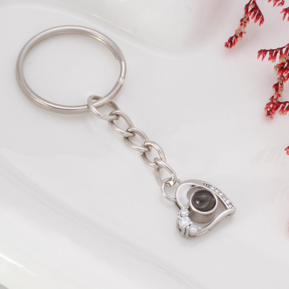 Custom Photo Projection Keychain - Silver Heart Pendant with Picture Text Inside for Memory Gifts